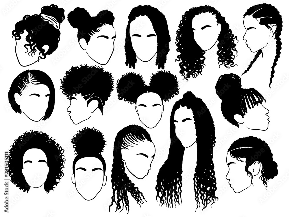 Set of female afro hairstyles. Collection of dreads and afro braids for a girl. Black and white illustration for a hairdrymaker. - obrazy, fototapety, plakaty 