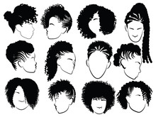 Set Of Female Afro Hairstyles. Collection Of Dreads And Afro Braids For A Girl. Black And White Illustration For A Hairdrymaker.