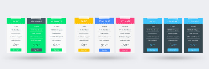 Wall Mural - pricing table design template for websites and applications. set of three different color variations