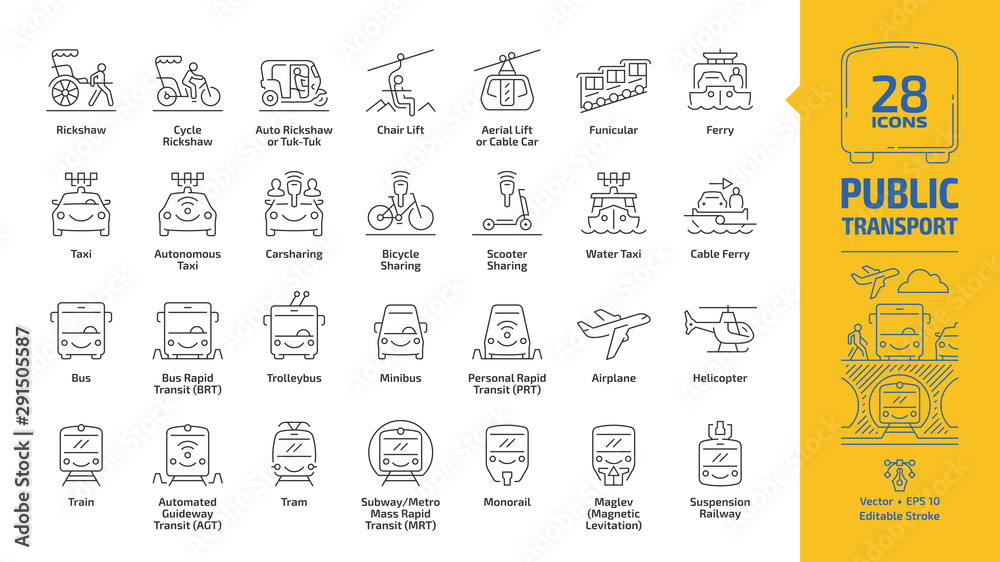 Public transport outline icon set with urban, inter city, international and travel passenger vehicle editable stroke line signs: bus, van, car, train, aircraft, ship, bike, metro, taxi, road & traffic - obrazy, fototapety, plakaty 