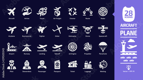 Aircraft icon set in dark mode with flight plane glyph symbols ...