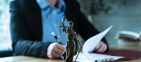 Poster - lawyer judge reading documents at desk in courtroom