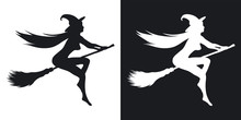 Silhouette Of A Sexy Witch Who Flies On A Broomstick, Halloween Illustration. Vector Icon On Black And White Background
