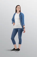 Wall Mural - Standing beautiful female model wearing white plain crew neck t shirt in blue denim jeans capri pant. Wearing blue denim shirt upper. Isolated background