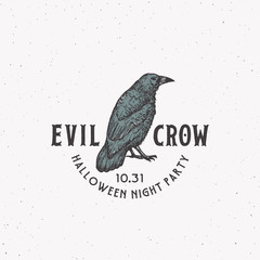 Wall Mural - evil crow party vintage style halloween logo or label template. hand drawn black crow or raven sketc