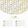 © AlexBlogoodf - Taxi app concept with thin line icons: payment method, promocode, app settings, info, support service, phone number, route, destination, airport transfer, baby seat. Vector illustration.