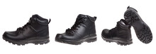 Male Black Leather Winter Shoes In 3 Different View. Isolated On White. Product Shots