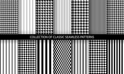 Big set of classic fashion houndstooth seamless geometric patterns. Variations of pied de poule print