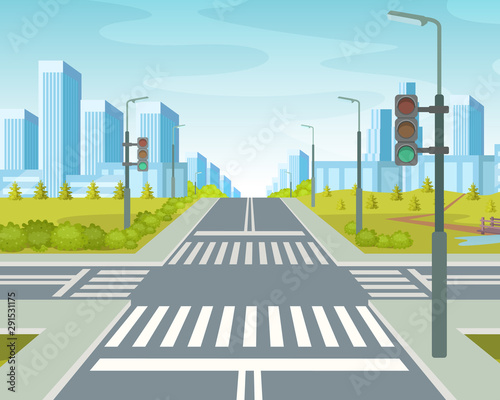 Fotografía City road with crossroads on the background high-rise city skyscrapers