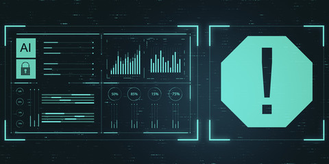 Sticker - Cyber security conceptwith digital exclamation mark and diagram graphs at abstract background.