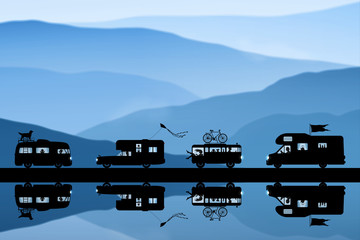 Sticker - Cartoon retro cars on road in winter. Vector illustration with silhouettes of people and pets traveling in campers. Family road trip. Background with mountain foggy landscape
