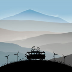 Sticker - Cartoon retro car between windmills. Vector illustration with silhouettes of parents with children traveling in camper. Family road trip. Background with mountain foggy landscape