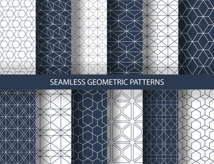 Wall Mural - Set of seamless geometric patterns. Rich blue and white line backgrounds collection. Endless repeating linear texture for wallpaper, packaging, banners, invitations, business cards, fabric print