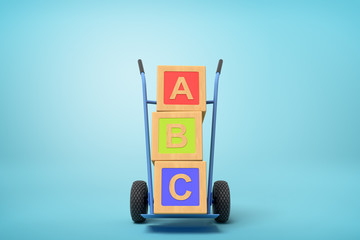 Poster - 3d rendering of colorful alphabet toy blocks showing 'ABC' sign on a hand truck on blue background