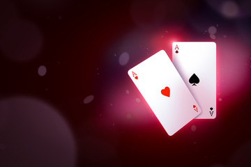 Poster - 3d close-up rendering of ace of hearts and ace of spades on gradient cherry-purple bokeh background with copy space.