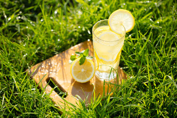 Sticker - lemonade in a glass on green grass