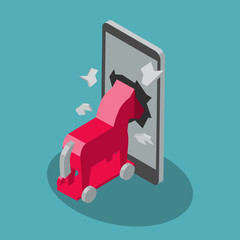 Poster - Trojan virus vector symbol with cell phone and red trojan horse isolated on blue background. Flat design, easy to use for your website or presentation.