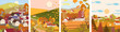 Set of cartoon flat autumn season village and town vector. Birds flying, haystacks, mountains