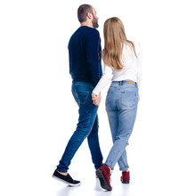 Young Couple Woman And Man Walking Goes Looking On White Background Isolation, Rear View