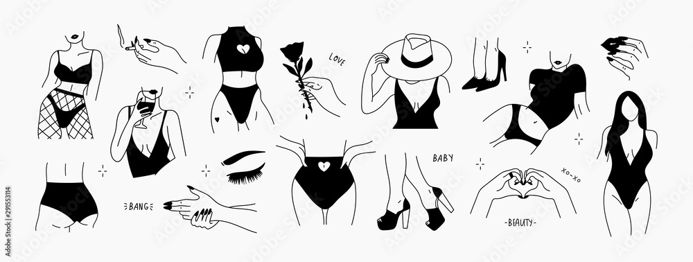 Stylish graceful faceless lady. Hand drawn outline body parts. Female logos, graphic icons. Black vector trendy illustration. All elements are isolated - obrazy, fototapety, plakaty 