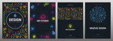 Art Studio, Graphic Design, Creative Agency And Vector Graphic. Set Of Backgrounds With Doodle Design Elements.