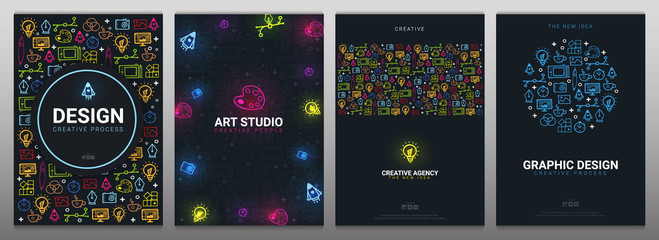 Art Studio, Graphic Design, Creative Agency and Vector Graphic. Set of Backgrounds with doodle design elements.