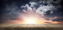 Wood Board Table Top Background With Sunset Sky Clouds