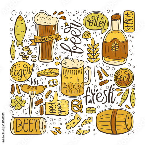 Illustration with beers, snacks and hand-drawn lettering. Octoberfest background design with typography. Vector cartoon Illustration. © HromovaArt