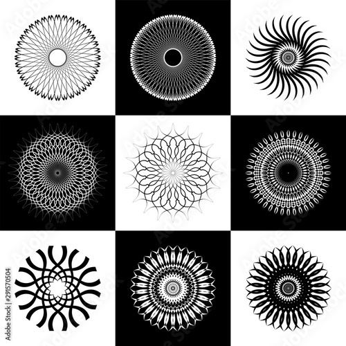Circle design elements set. Abstract geometric black and white icons.