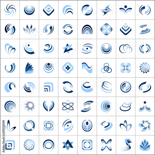 Design elements set. 64 abstract blue icons.