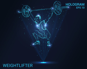 Wall Mural - Hologram weightlifter. A holographic projection of power sports. Flickering energy flux of particles. Scientific registration of sports.