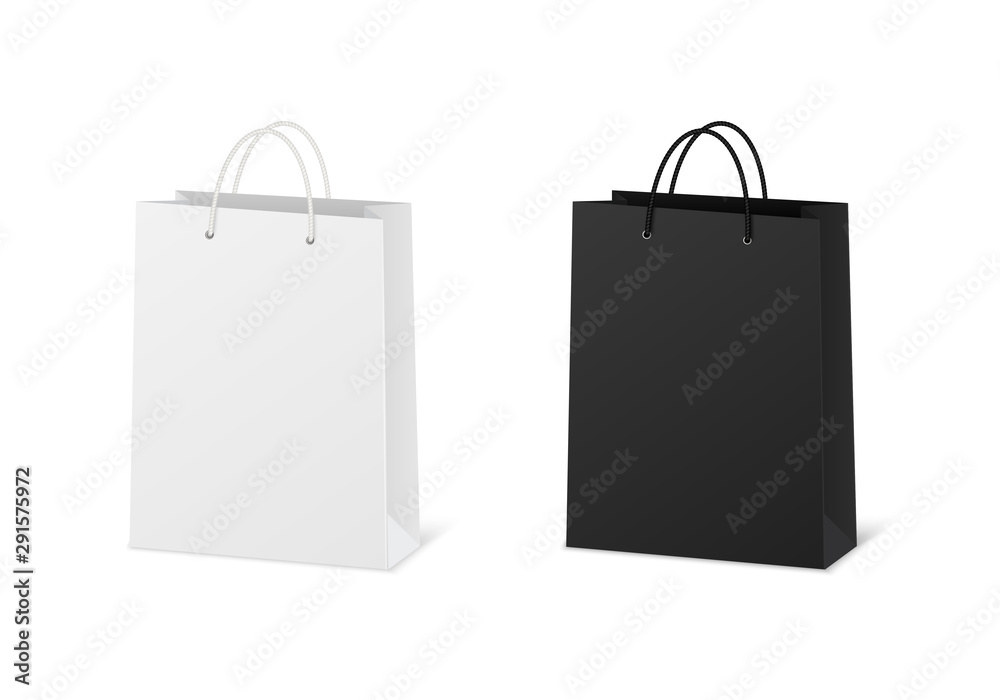 Blank shopping paper bags mockup. Empty cardboard packets on white background. - obrazy, fototapety, plakaty 