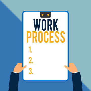 Word writing text Work Process. Business photo showcasing Standard procedures how to handle a particular job rules system Two executive male hands holding electronic device geometrical background