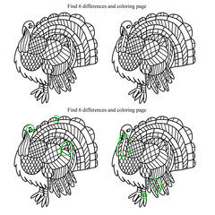 Turkey bird kids puzzle. Thanksgiving day simple puzzle for kids. Coloring page and find some differences for children. Easy black and white lineart illustration for kids pastime.