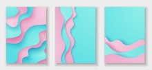 Vertical Banners Templates With 3D Abstract Background With Paper Cut Cyan And Pink Waves. Trendy Carving Art Style.