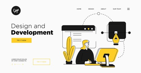 Presentation slide template or landing page website design. Business concept illustrations. Modern flat outline style. Design And Development