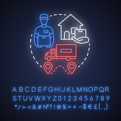 Poster - Shipping neon light concept icon. Parcel shipment idea. Logistics, distribution. Transportation service, delivery to home. Glowing sign with alphabet, numbers and symbols. Vector isolated illustration