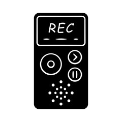 Sticker - Dictaphone glyph icon. Portable audio recorder. Device for recording interviews. Audio record of voice, music. Journalist equipment. Silhouette symbol. Negative space. Vector isolated illustration