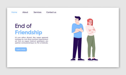 End of friendship landing page vector template. Couple quarrel website interface idea with flat illustrations. Relationship crisis homepage layout. Family miff web banner, webpage cartoon concept