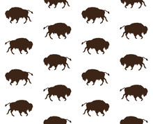 Vector Seamless Pattern Of Wild American Bison Silhouette Isolated On White Background