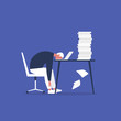 Professional burnout. Young exhausted male manager sitting at the office. Long working day. Millennials at work. Flat editable vector illustration, clip art