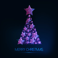 Wall Mural - Merry Christmas greeting card with glowi low poly Christmas tree made of shiny stars.