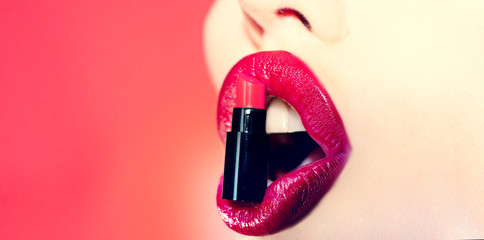 Poster - Close up of sexy plump soft lips with lipstick. Beautiful woman mouth with red lips. Sexy lips - lip care and beauty.