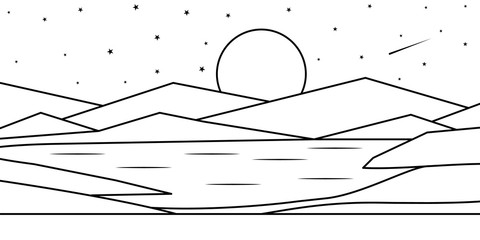 Poster - Landscape mountain night moon lake illustration