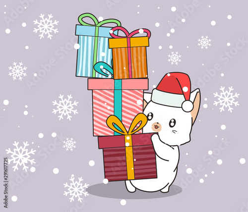 Adorable cat is holding gift boxes on snowflake background Tableau sur Toile