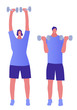 © Antoonina - Fitness couple. Man and woman dressed in sportswear are doing exercises with dumbbells. Vector illustration in a cartoon style