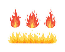 Fire Flame Vector Icons In Cartoon Style. Flames Of Different Shapes.