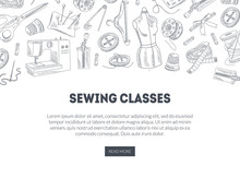Sewing Classes Landing Page With Hand Drawn Sewing Supplies, Needlework, Tailoring Education, Website, Mobile App Template Vector Illustration