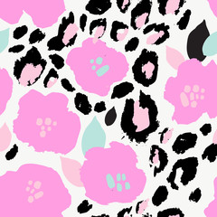 Abstract floral seamless pattern with flowers in black and pastel pink colors, animal skin print