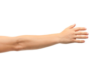 Wall Mural - young man held out hand on white background, closeup